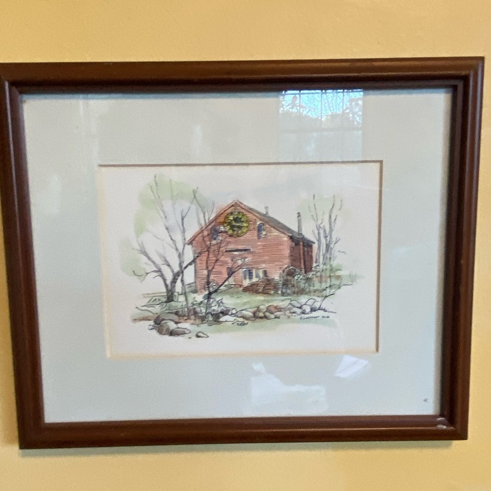 Signed New England Watercolor Rustic Cabin Landscape Helen Levasseur Framed